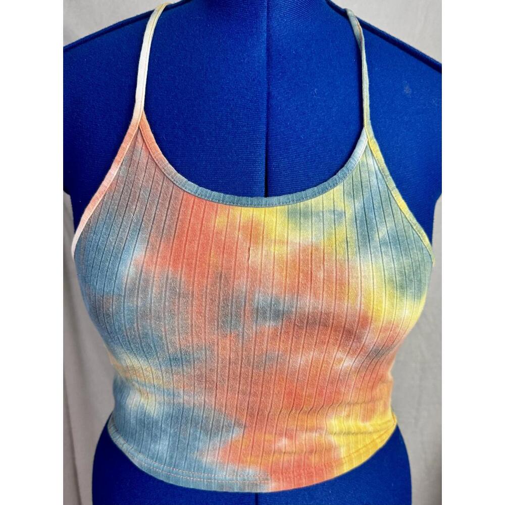 tie dye ribbed halter crop tank pastel rainbow festival y2k stretchy cropped top